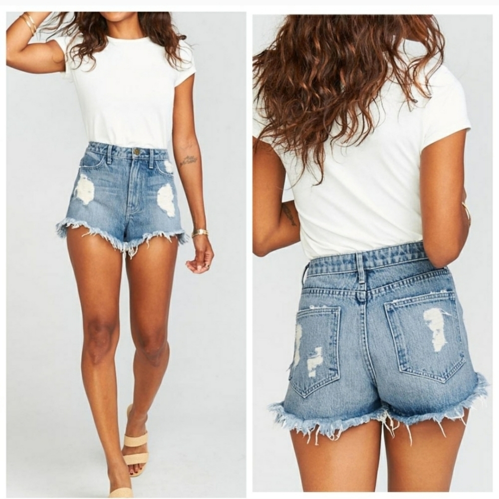SHOW ME YOUR MUMU SMYM high rise frayed jean cutoff denim shorts